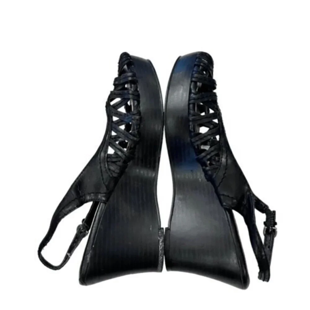 Nicole Black Woven Leather Slingback Wedge Sandals